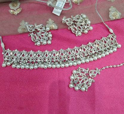 Silver White Crystal Stone Choker Jewellery Sejal Set