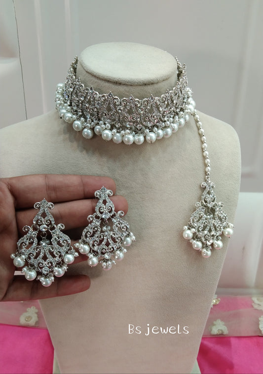 Silver White Crystal Stone Choker Jewellery Sejal Set