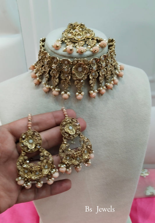 Peach Crystal Stone Choker Jewellery Soraj Set