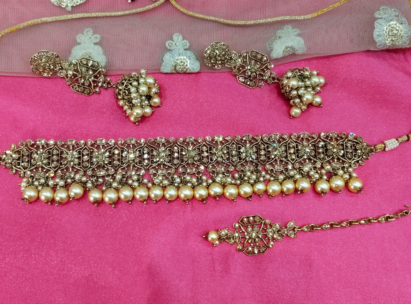 Antique Gold Crystal Stone Choker Jewellery Jhumka Chand Set