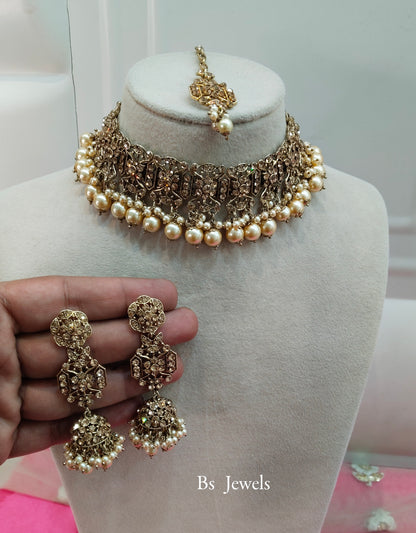 Antique Gold Crystal Stone Choker Jewellery Jhumka Chand Set