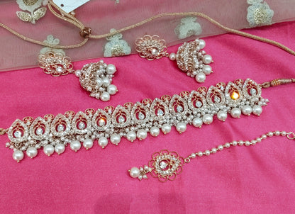 Rose white Crystal Stone Choker Jewellery Jhumka Mony Set