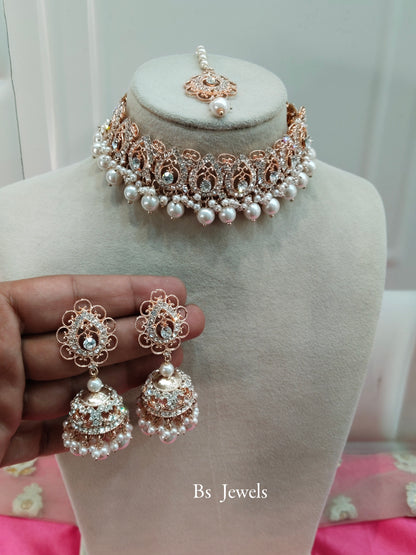 Rose white Crystal Stone Choker Jewellery Jhumka Mony Set
