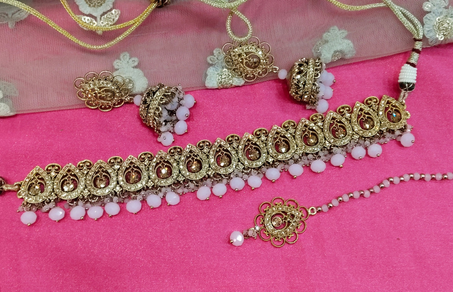 Pink Crystal Stone Choker Jewellery Jhumka Mony Set