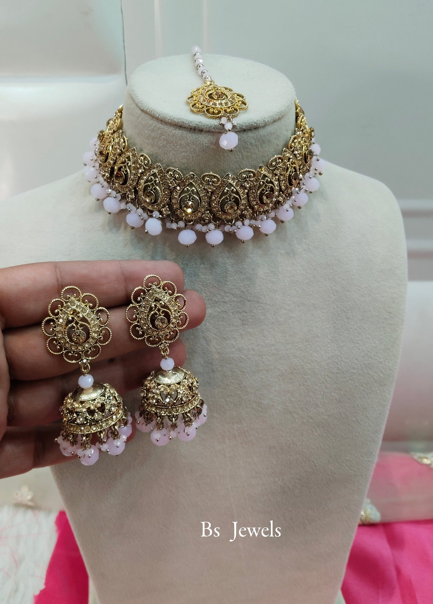 Pink Crystal Stone Choker Jewellery Jhumka Mony Set