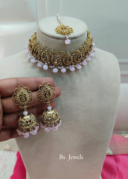 Pink Crystal Stone Choker Jewellery Jhumka Mony Set