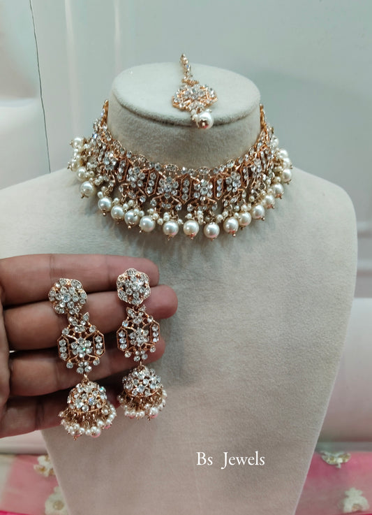 Rose White Crystal Stone Choker Jewellery Suraj Set