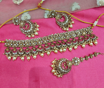 Antique Gold Crystal Stone Choker Jewellery Mony Set