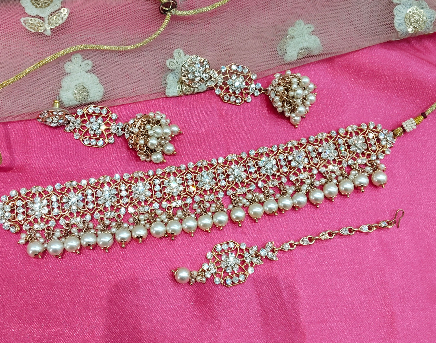 Rose White Crystal Stone Choker Jewellery Jhumka Chand Set