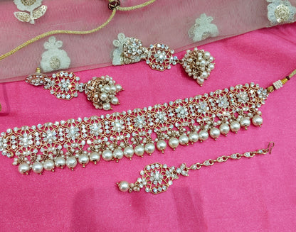 Rose White Crystal Stone Choker Jewellery Jhumka Chand Set