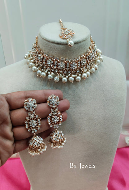 Rose White Crystal Stone Choker Jewellery Jhumka Chand Set