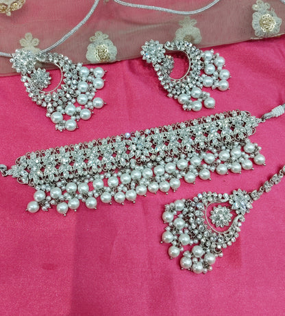 Silver White Crystal Stone Choker Jewellery Mony Set