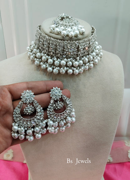 Silver White Crystal Stone Choker Jewellery Mony Set