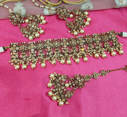 Antique Gold Crystal Stone Choker Jewellery Suraj Set