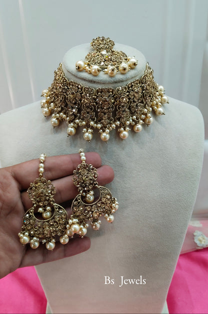 Antique Gold Crystal Stone Choker Jewellery Suraj Set