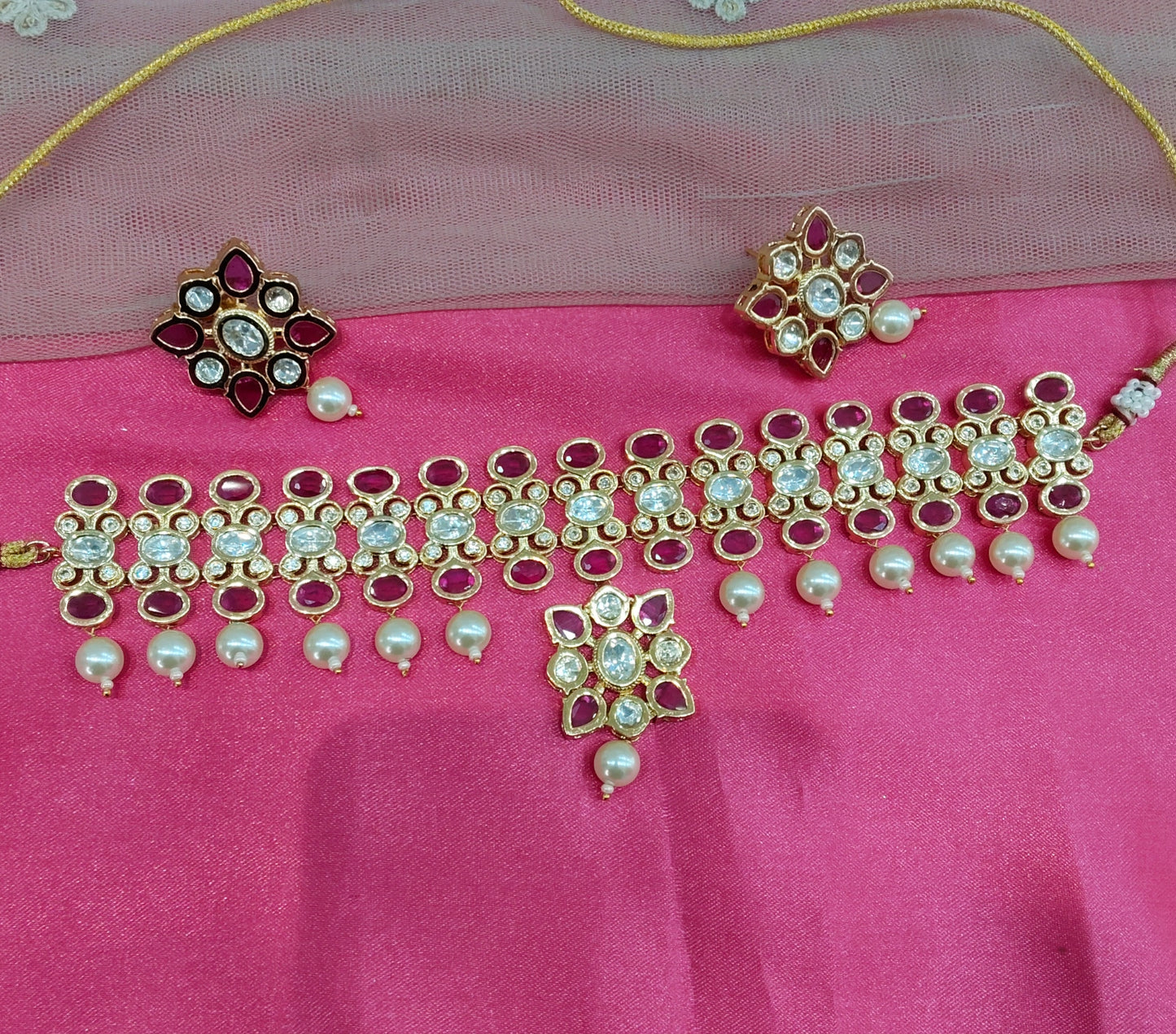 Maroon Uncut Kundan Choker Jewellery Poonam Set