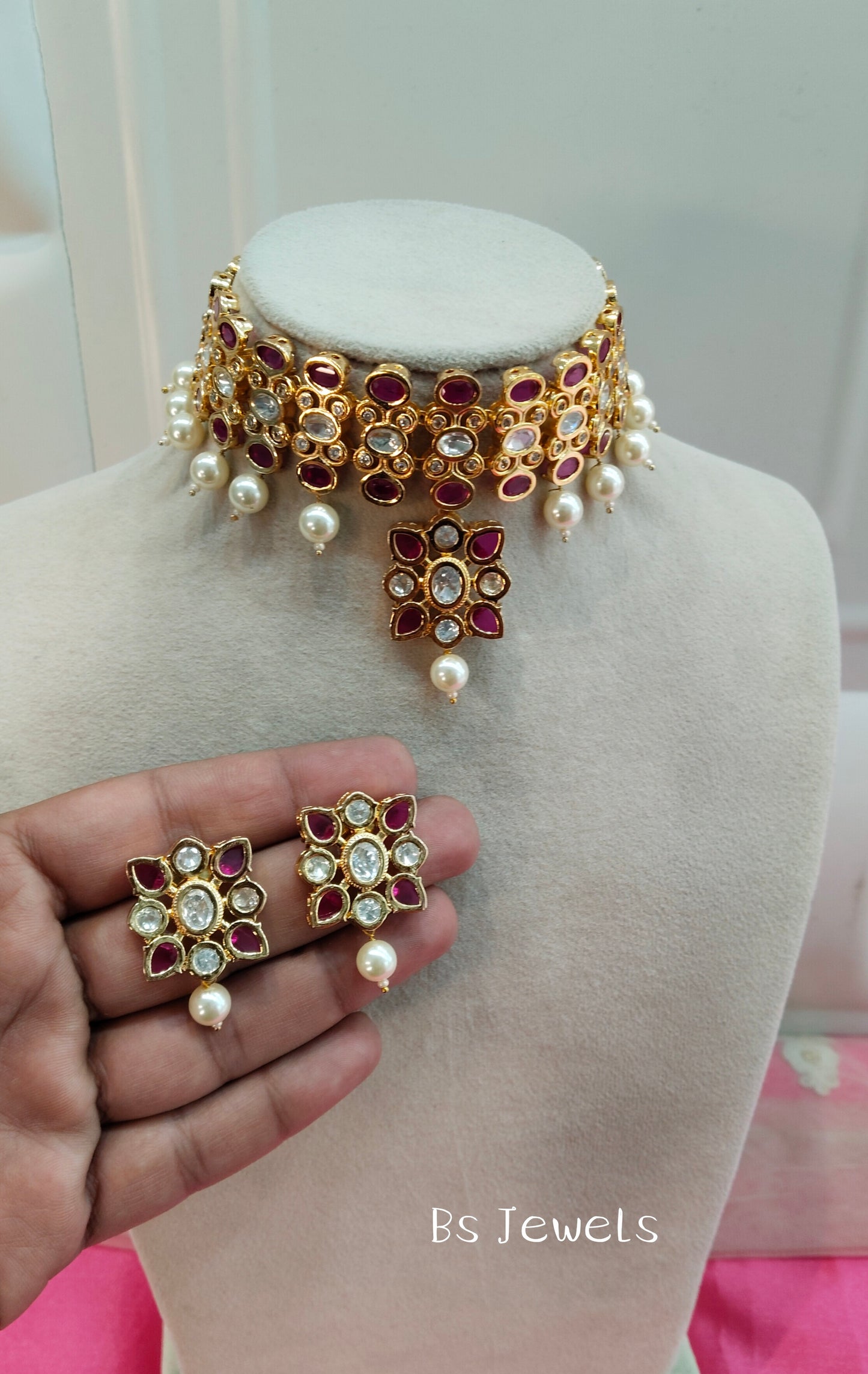 Maroon Uncut Kundan Choker Jewellery Poonam Set