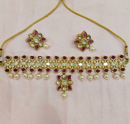 Maroon Uncut Kundan Choker Jewellery Poonam Set