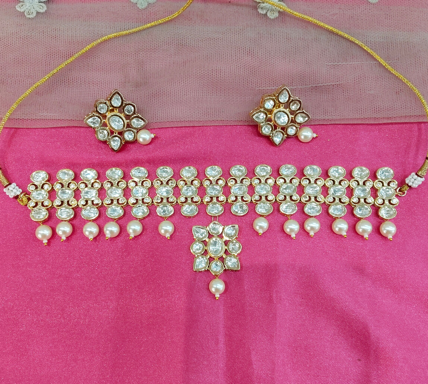 Antique White Uncut Kundan Choker Jewellery Poonam Set