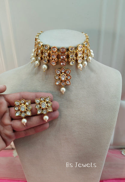 Antique White Uncut Kundan Choker Jewellery Poonam Set