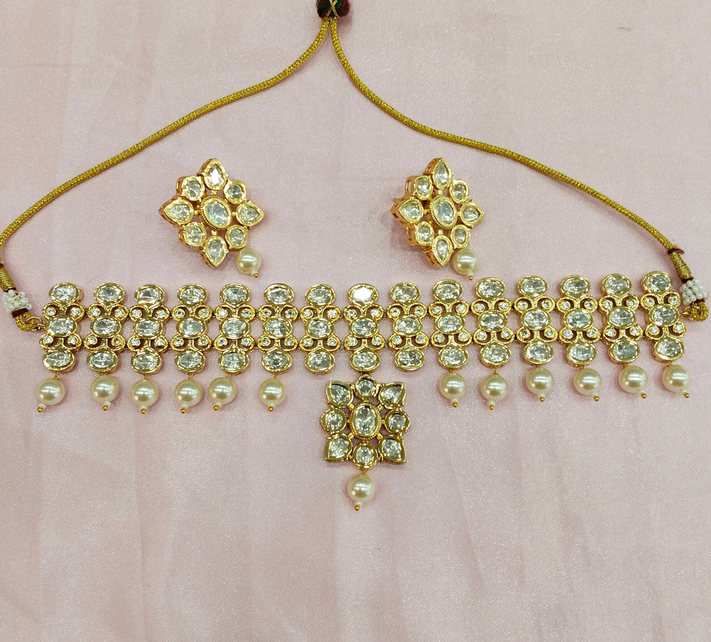 Antique White Uncut Kundan Choker Jewellery Poonam Set