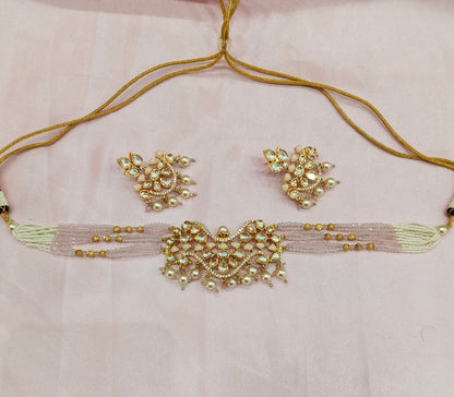 Peach Uncut Kundan Choker Jewellery Krishna Set