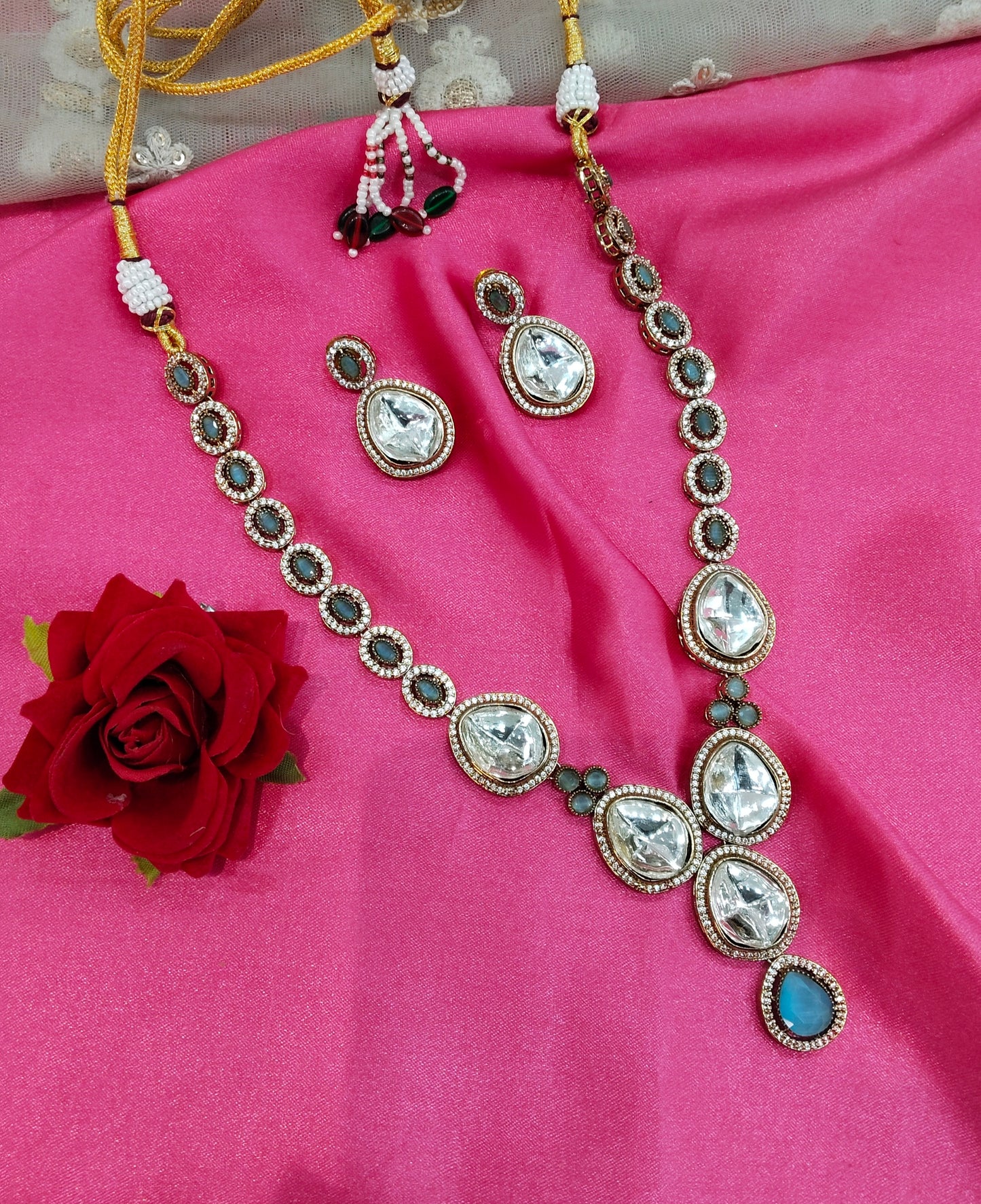 Sky Blue Moissanite Kundan Necklace Jewellery Shweta Set