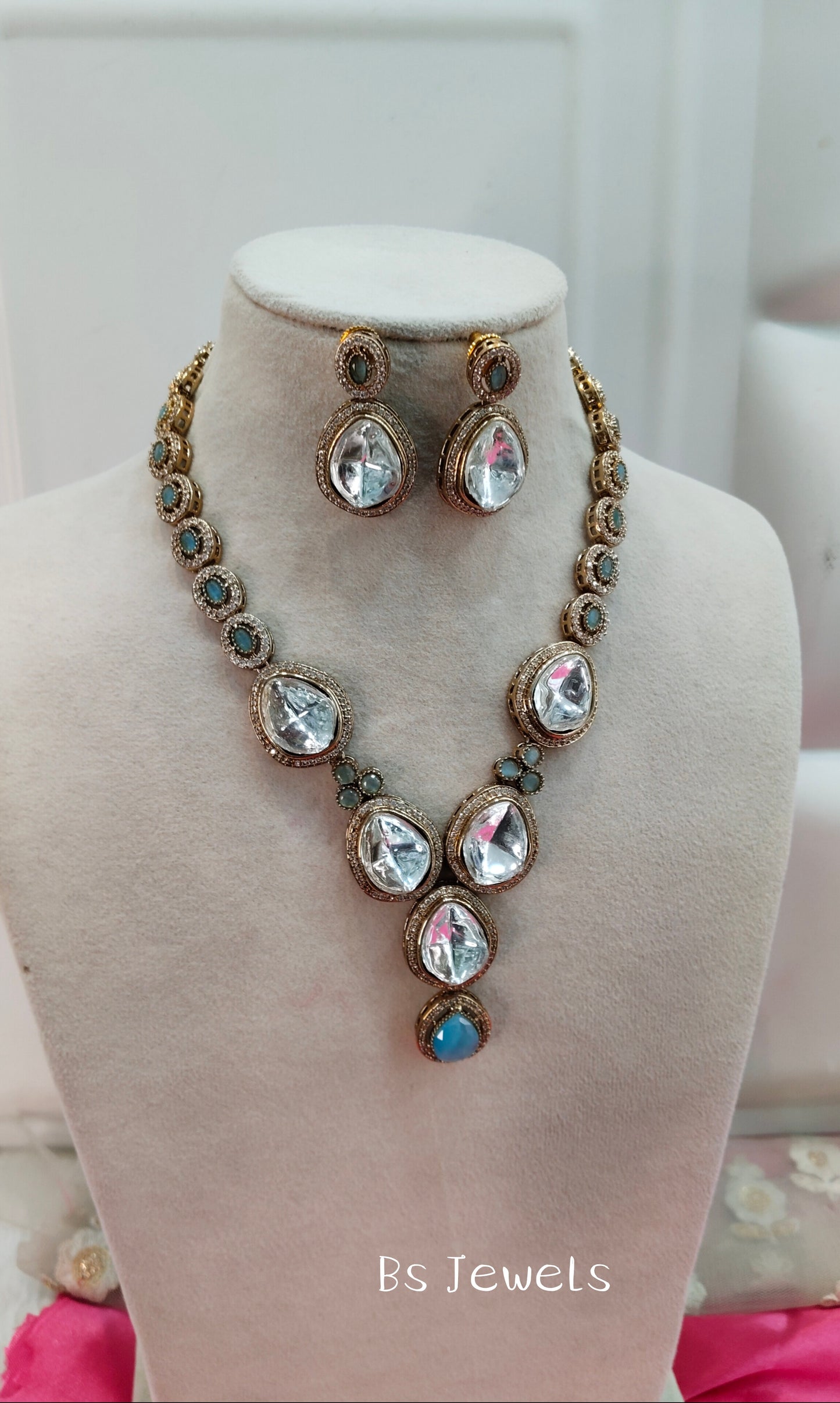 Sky Blue Moissanite Kundan Necklace Jewellery Shweta Set