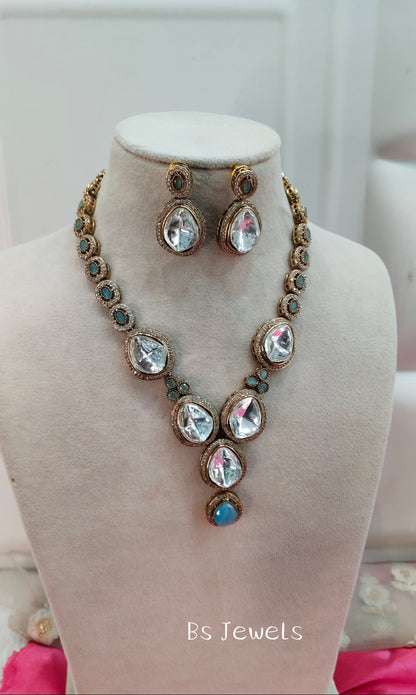 Sky Blue Moissanite Kundan Necklace Jewellery Shweta Set