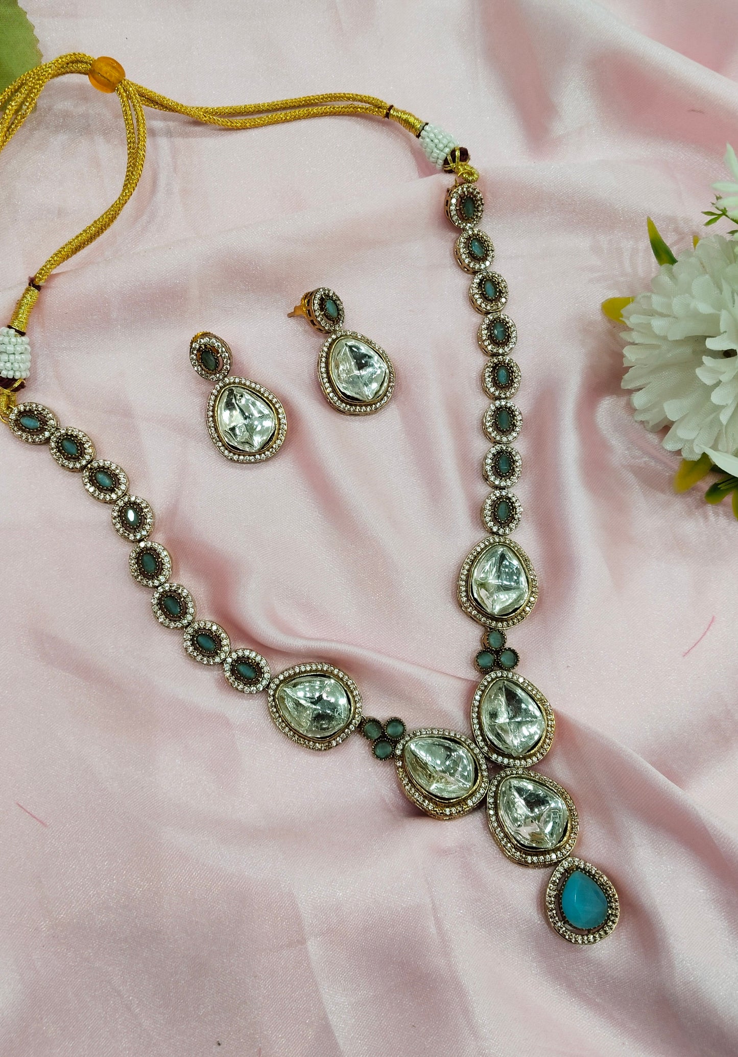 Sky Blue Moissanite Kundan Necklace Jewellery Shweta Set