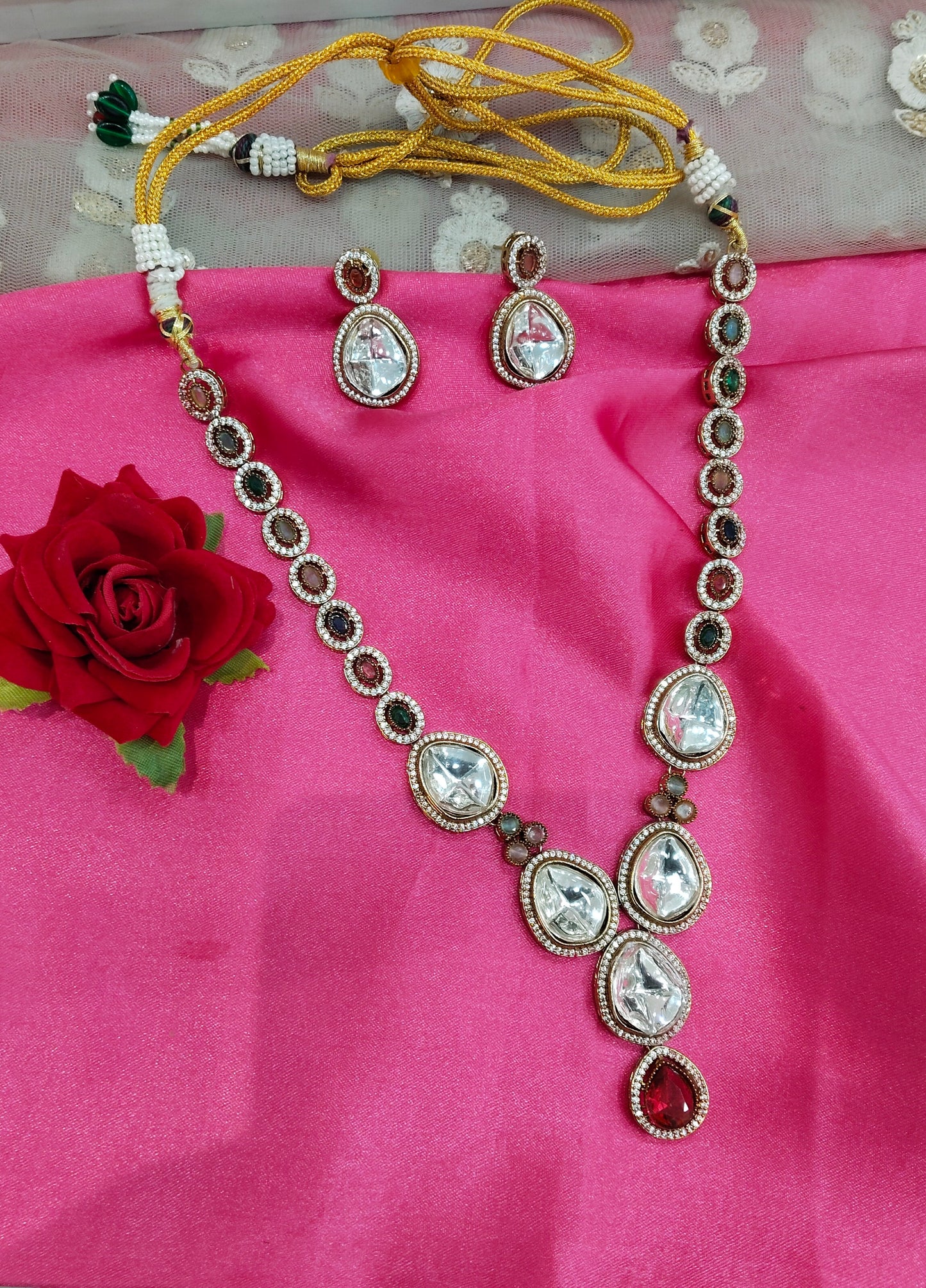 Multi Color Moissanite Kundan Necklace Jewellery Shweta Set