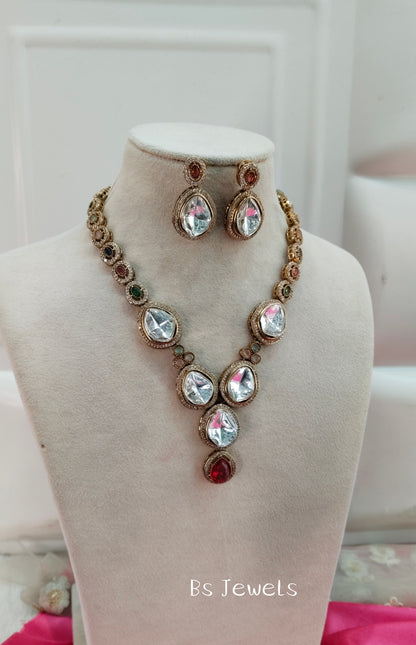 Multi Color Moissanite Kundan Necklace Jewellery Shweta Set