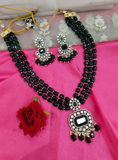 Green Moissanite Kundan Long Rani Haar Necklace Jewellery Bobby Set