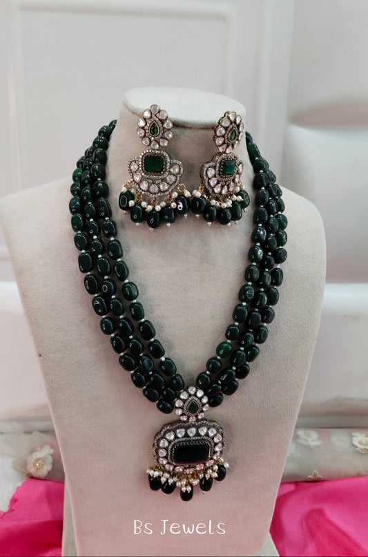 Green Moissanite Kundan Long Rani Haar Necklace Jewellery Bobby Set