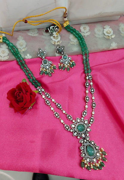 Sage Green Moissanite Kundan Long Rani Haar Necklace Jewellery Bobby Set