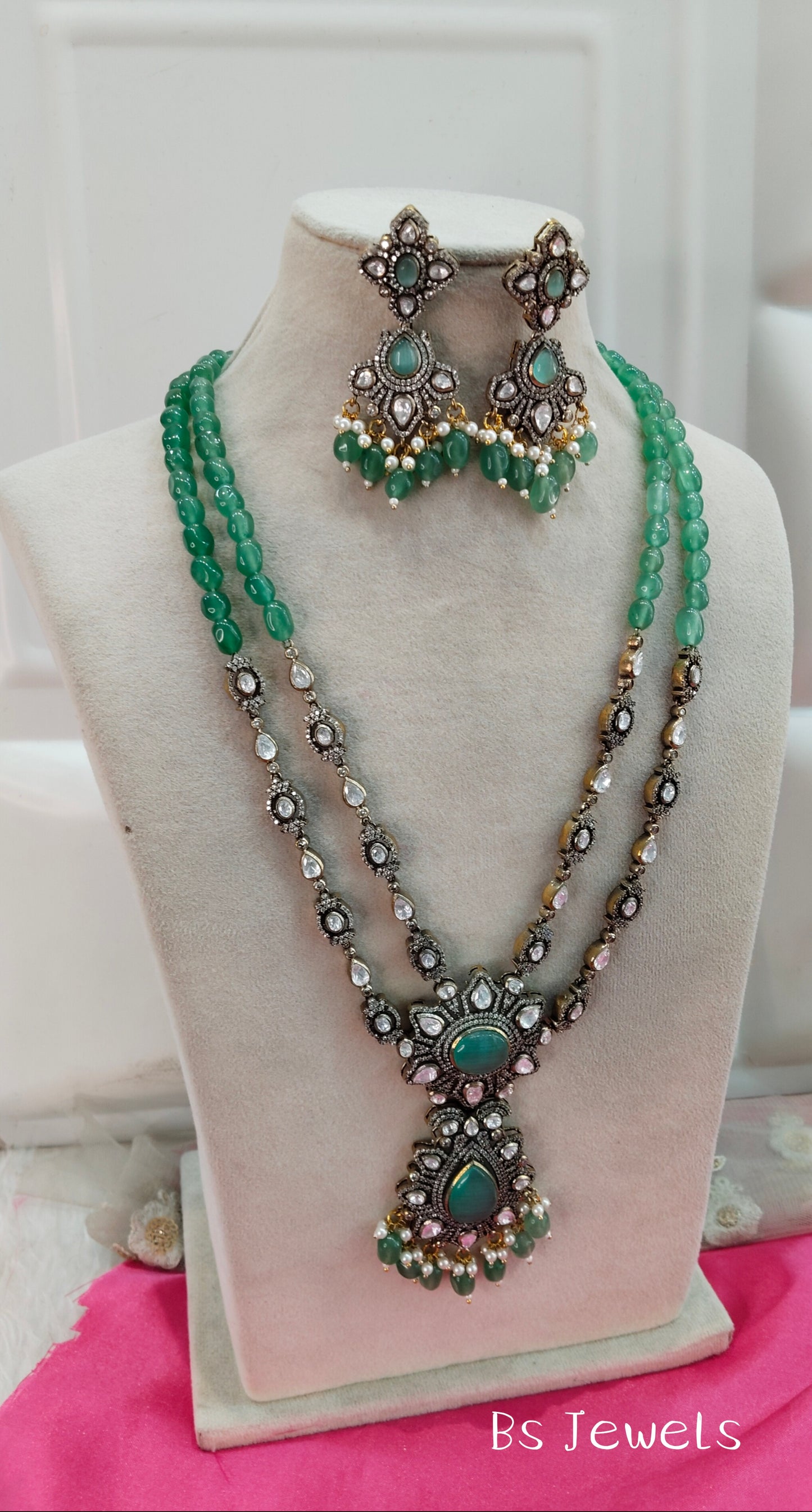 Sage Green Moissanite Kundan Long Rani Haar Necklace Jewellery Bobby Set