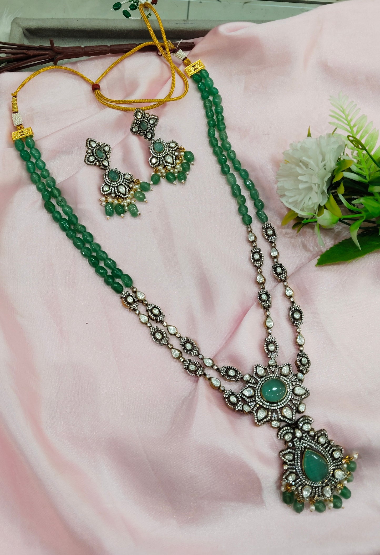 Sage Green Moissanite Kundan Long Rani Haar Necklace Jewellery Bobby Set