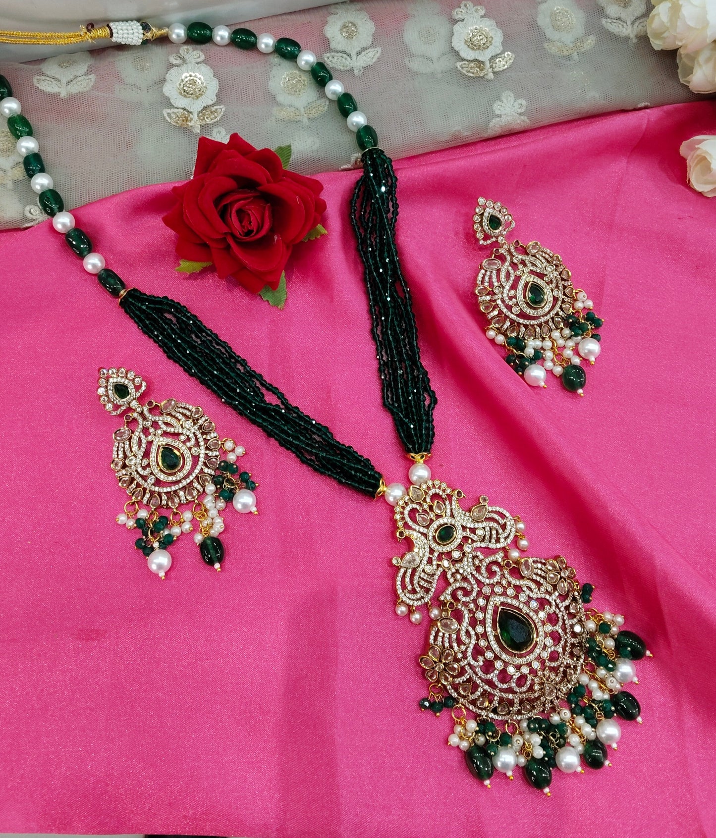 Green Moissanite Kundan Long Rani Haar Necklace Jewellery Bobby Set