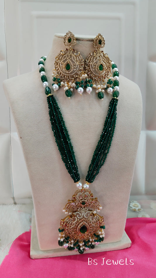 Green Moissanite Kundan Long Rani Haar Necklace Jewellery Bobby Set