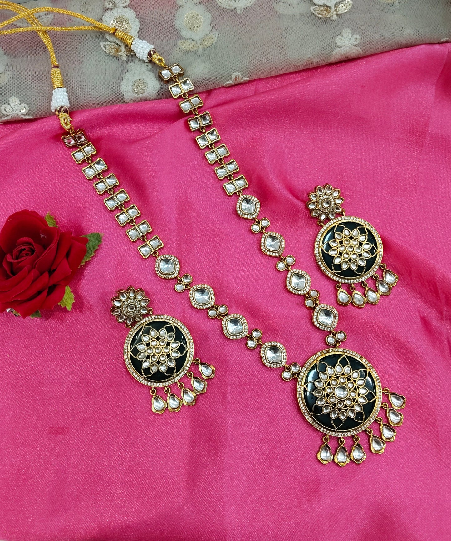 Green Moissanite Kundan Long Rani Haar Necklace Jewellery Bobby Set