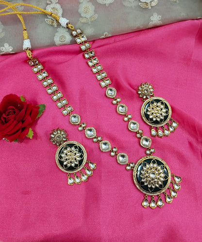 Green Moissanite Kundan Long Rani Haar Necklace Jewellery Bobby Set