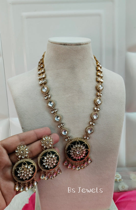 Green Moissanite Kundan Long Rani Haar Necklace Jewellery Bobby Set