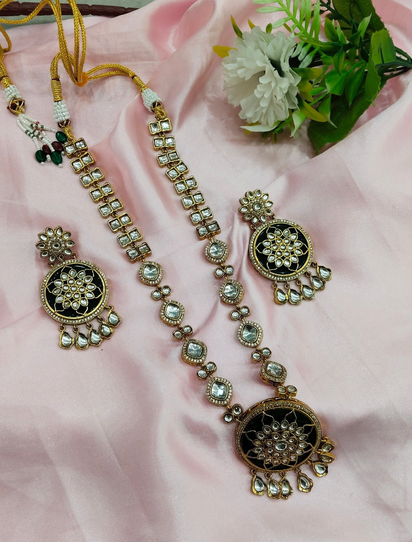 Green Moissanite Kundan Long Rani Haar Necklace Jewellery Bobby Set
