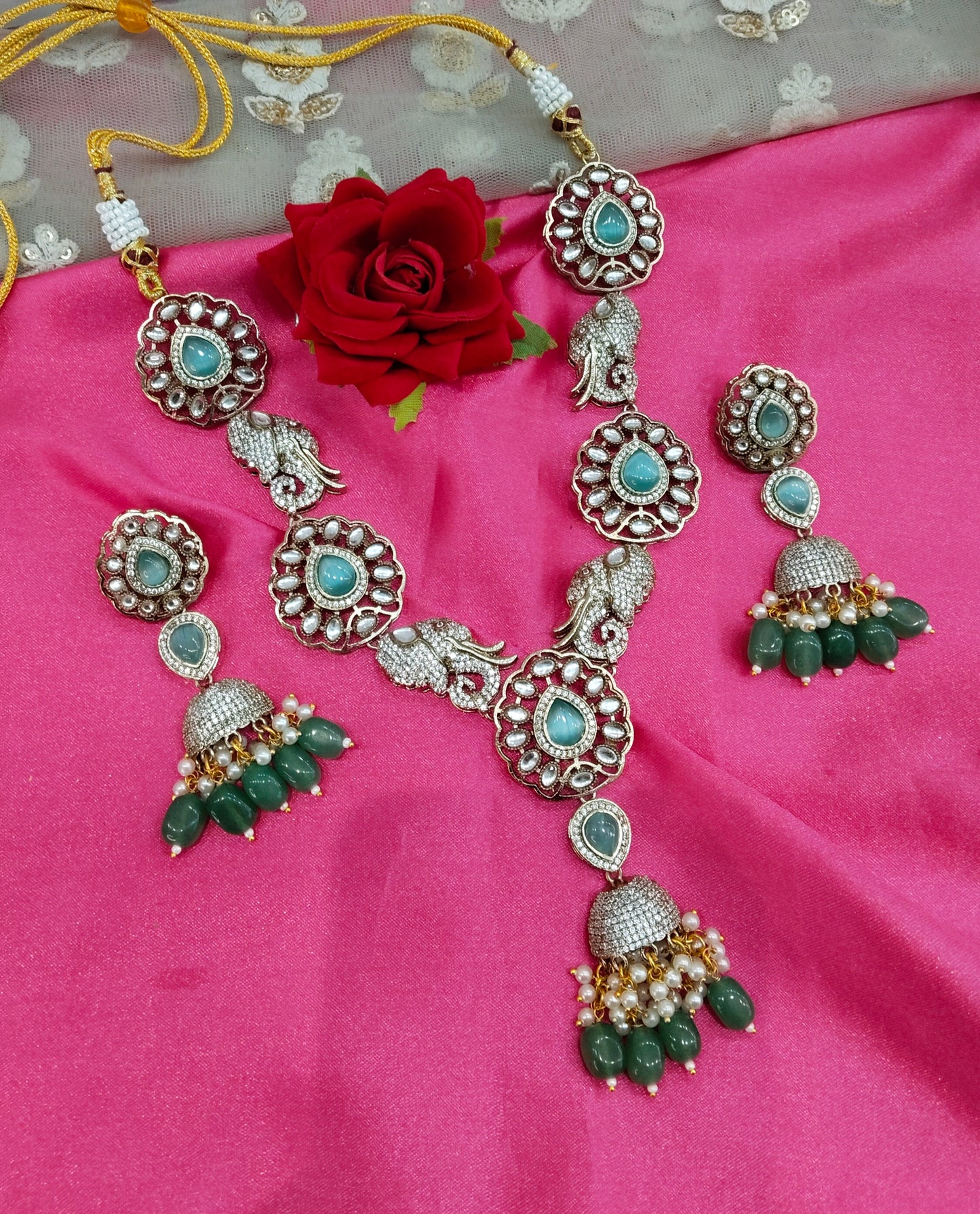 Sage Green Moissanite Kundan Long Rani Haar Necklace Jewellery Bobby Set