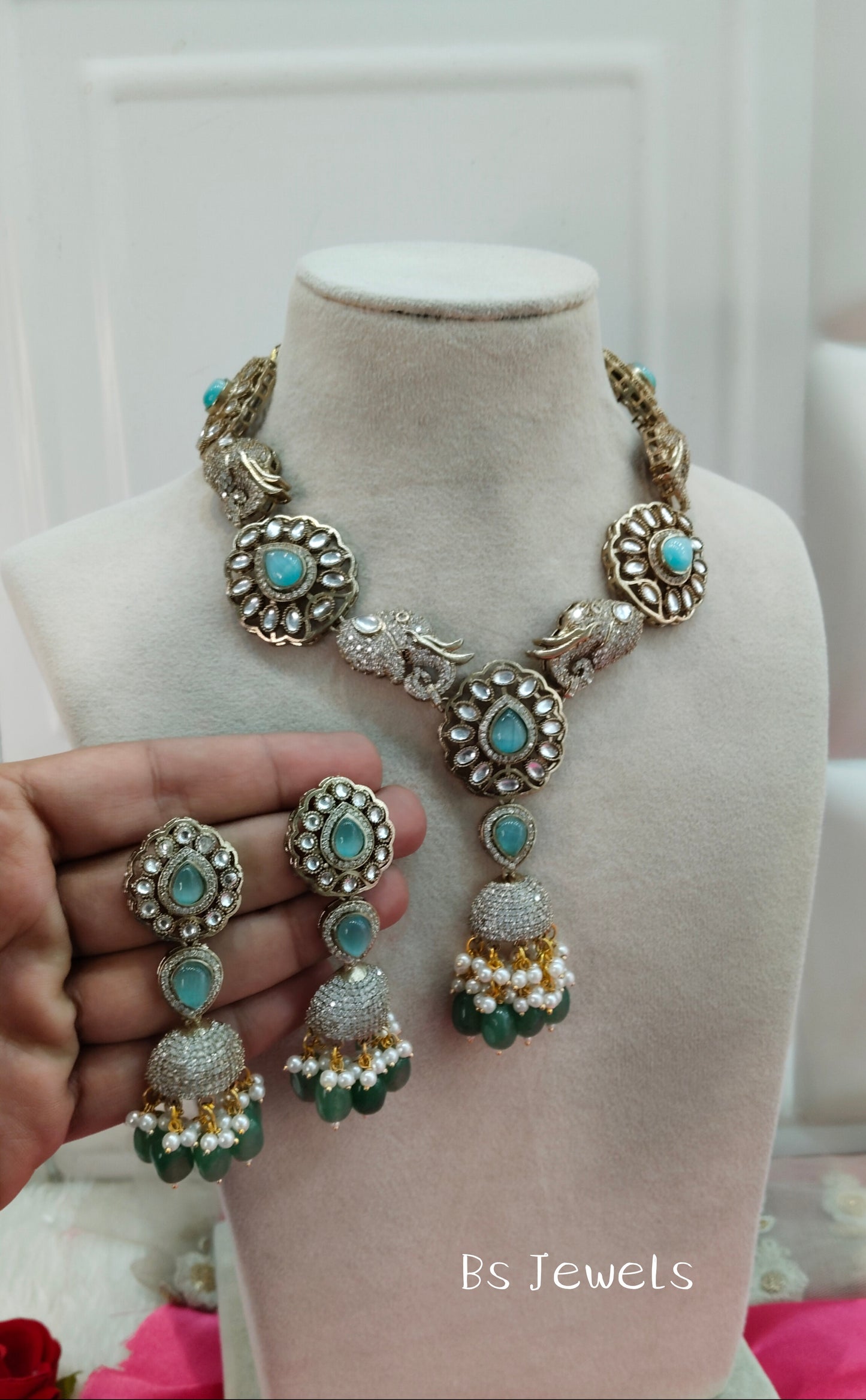 Sage Green Moissanite Kundan Long Rani Haar Necklace Jewellery Bobby Set