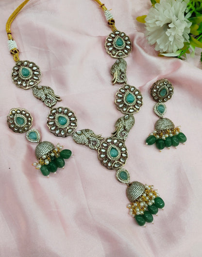 Sage Green Moissanite Kundan Long Rani Haar Necklace Jewellery Bobby Set