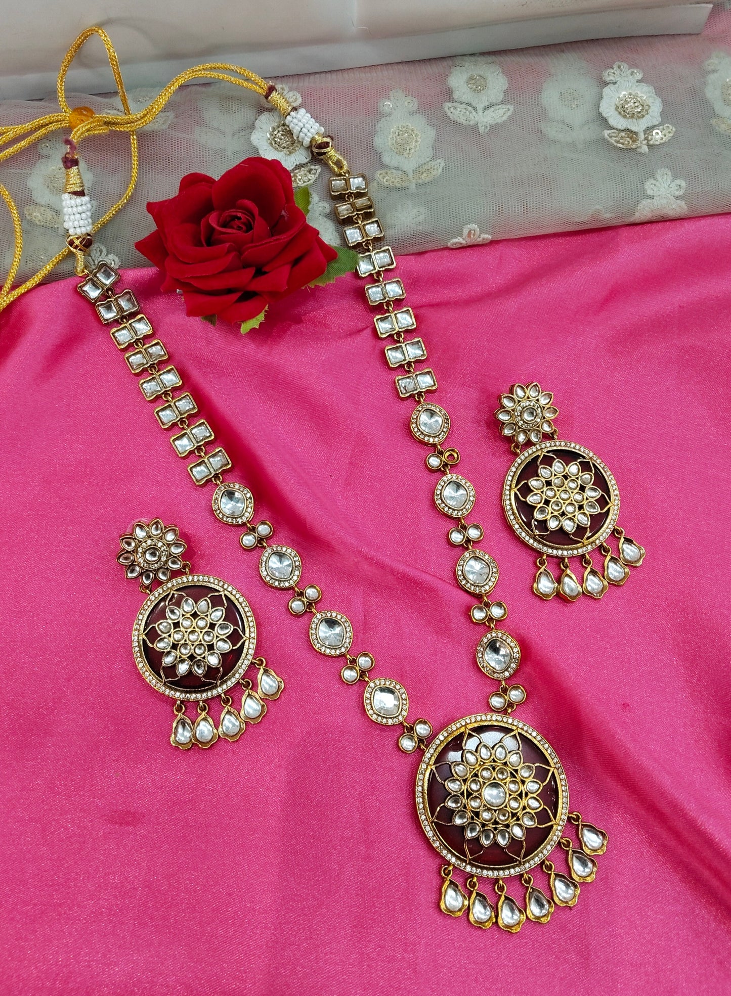 Maroon Moissanite Kundan Long Rani Haar Necklace Jewellery Bobby Set