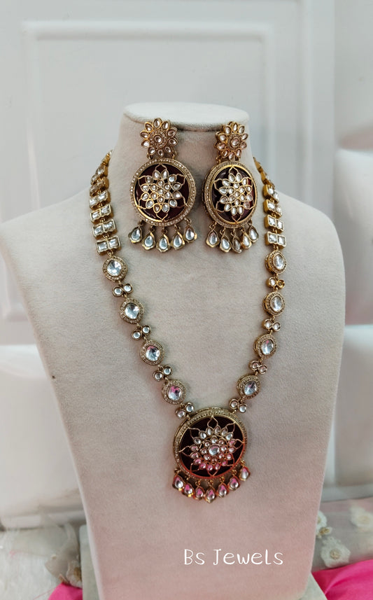 Maroon Moissanite Kundan Long Rani Haar Necklace Jewellery Bobby Set
