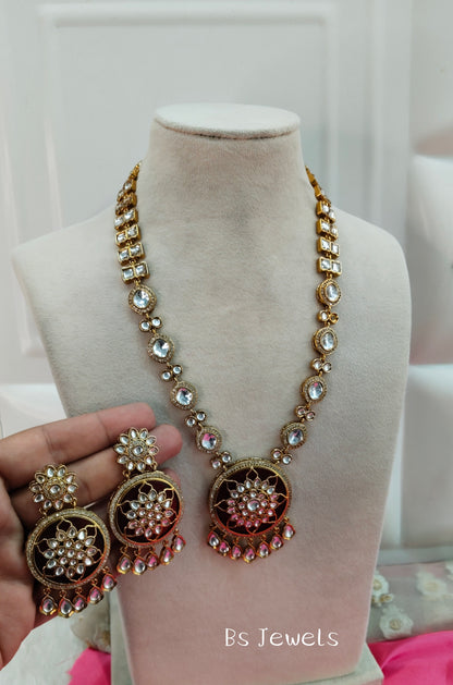Maroon Moissanite Kundan Long Rani Haar Necklace Jewellery Bobby Set