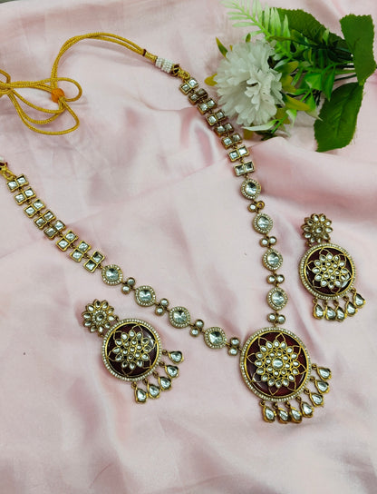 Maroon Moissanite Kundan Long Rani Haar Necklace Jewellery Bobby Set